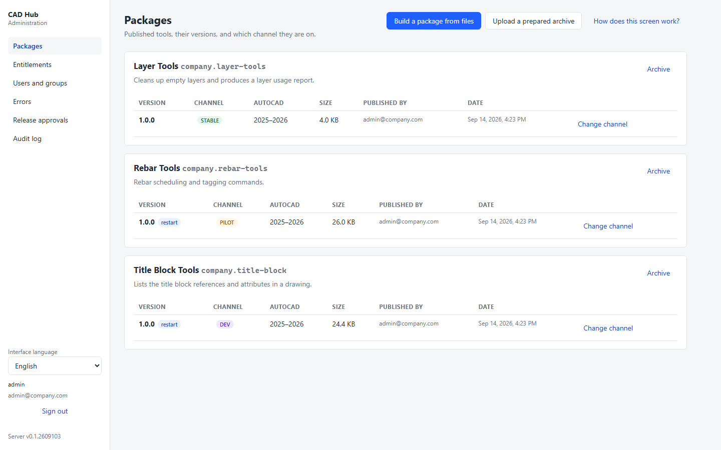 The Packages screen of the Cad Sailor Hub admin panel: three packages with their versions, STABLE/PILOT/DEV channel badges, publisher and date.